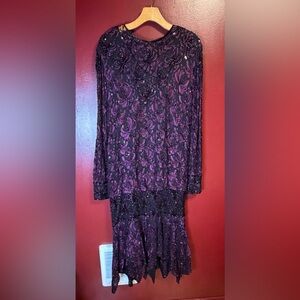Vintage Floral Lace Hand Beaded Maxi Dress Women’s Size XL Black Purple